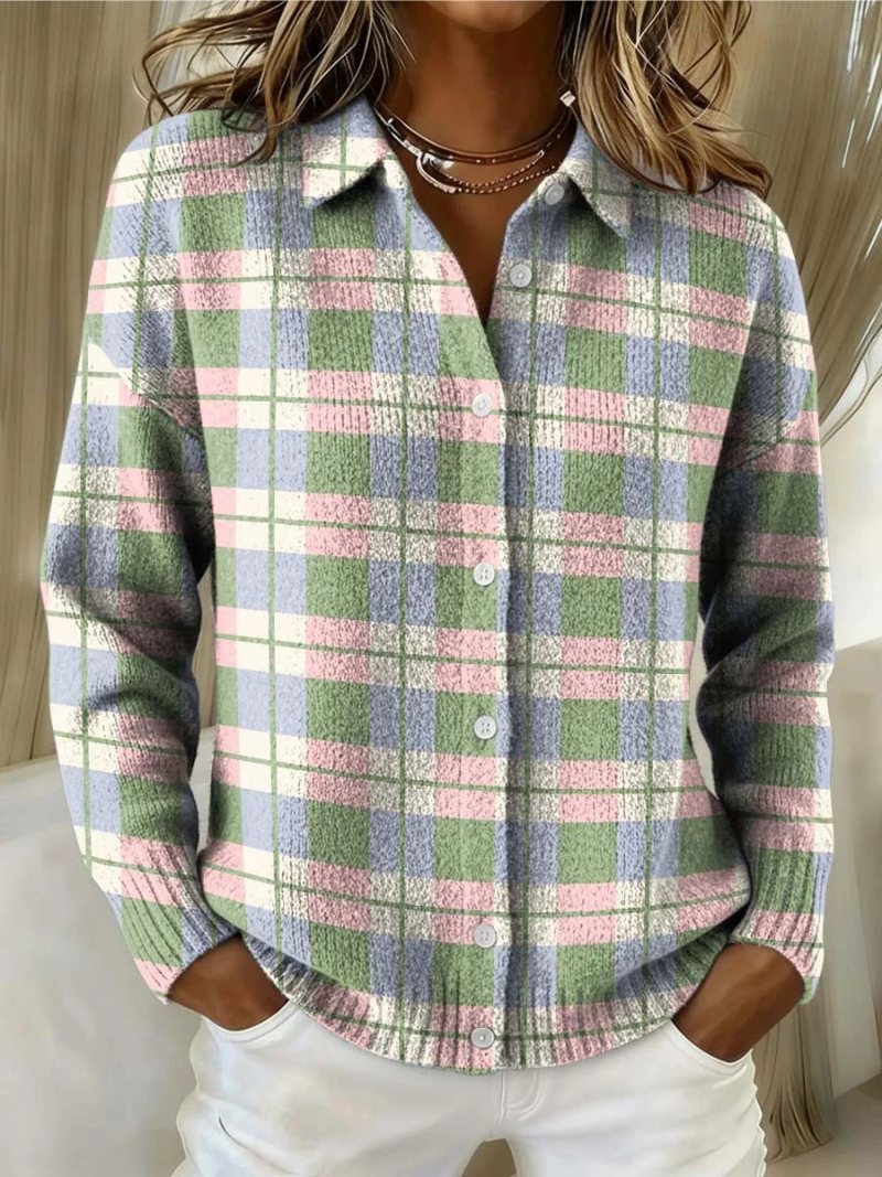 Lena – Geruite gebreide blouse in frisse pasteltinten