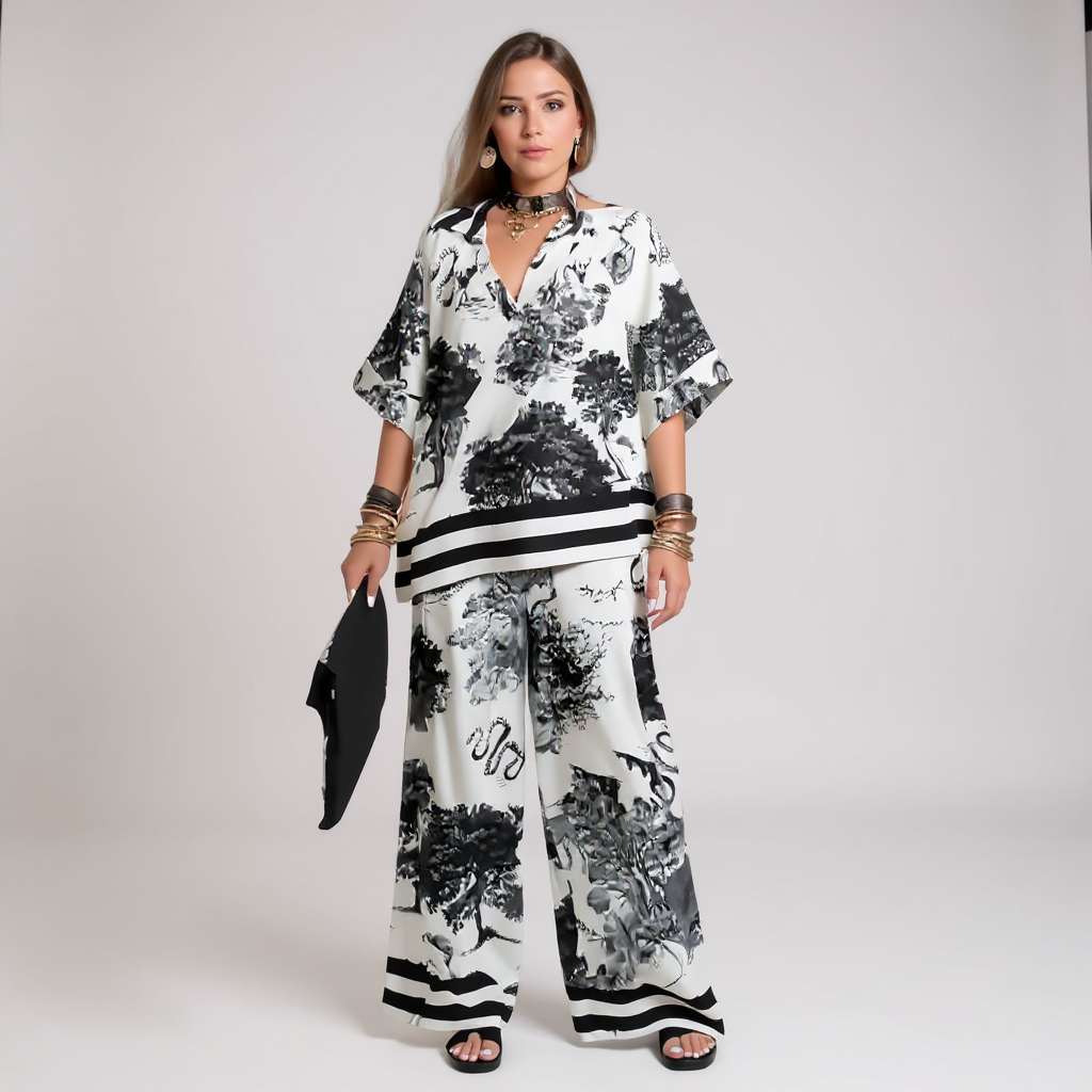 Mary | Printed V-Neck Top & Long Pants